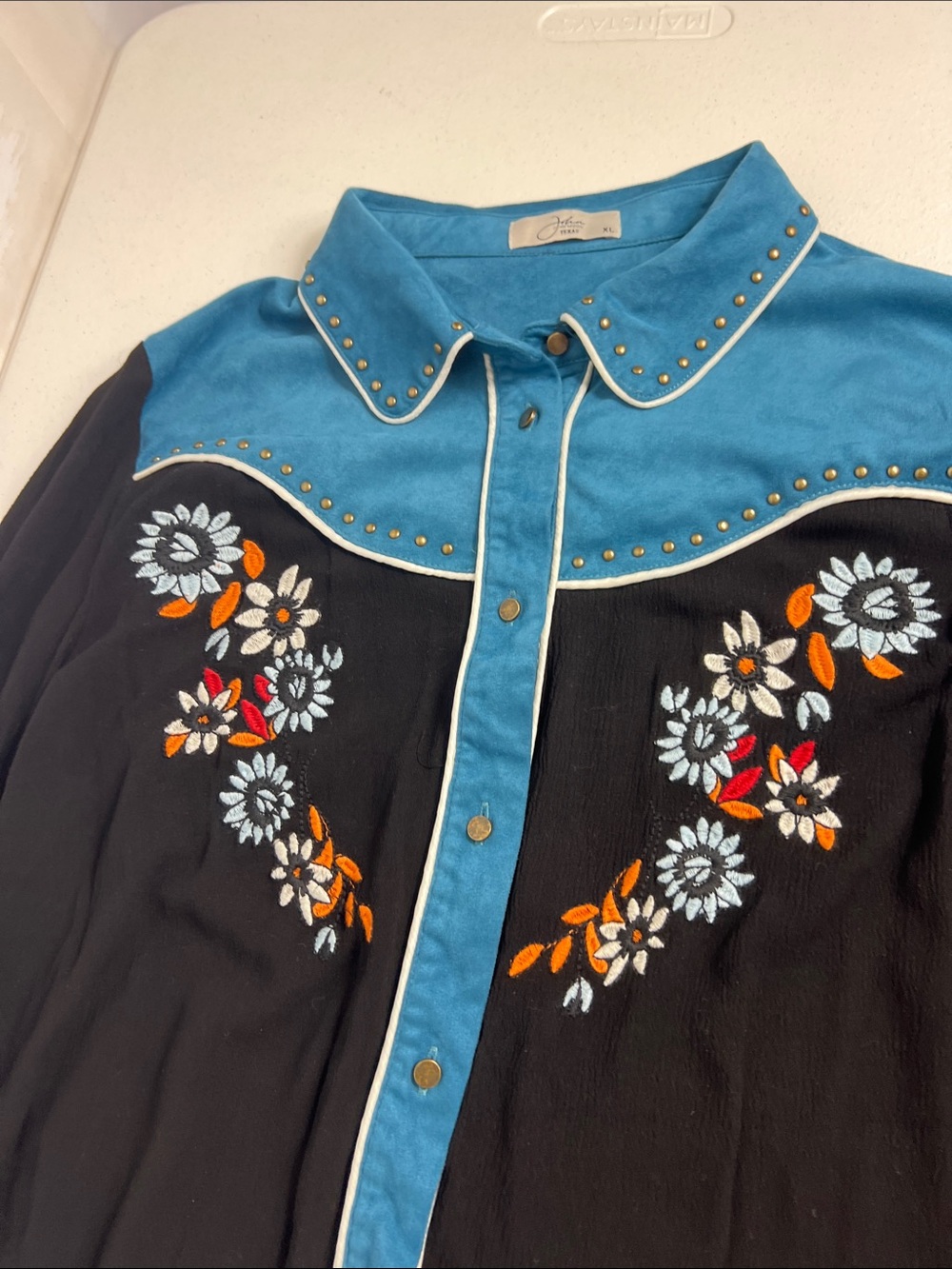 John Moon Sz XL Button Shirt Fringe Embroidered Black & Teal Cowgirl Western - Picture 5 of 12